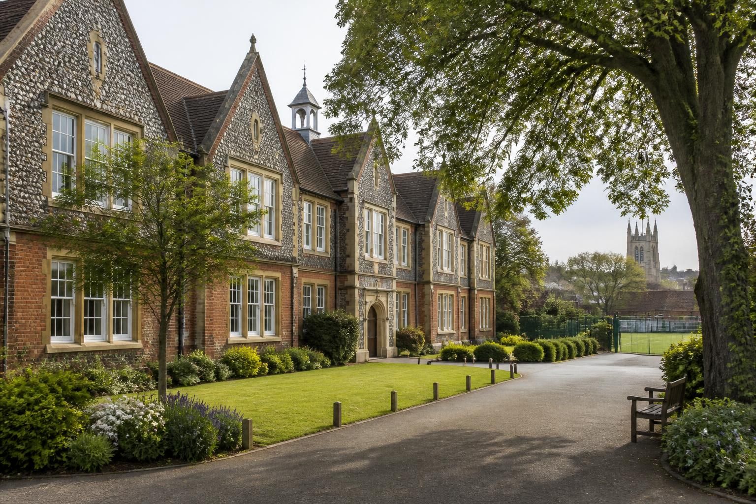 Tidy school exterior with manicured grounds and soft daylight.