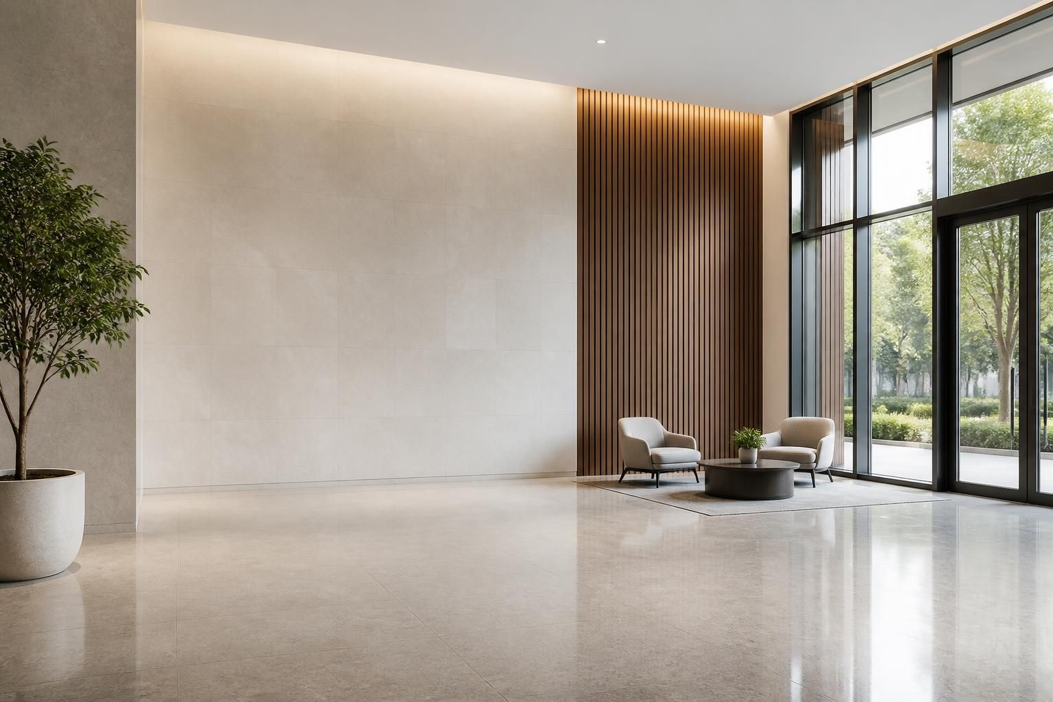 Clean commercial lobby with polished floors and open space.