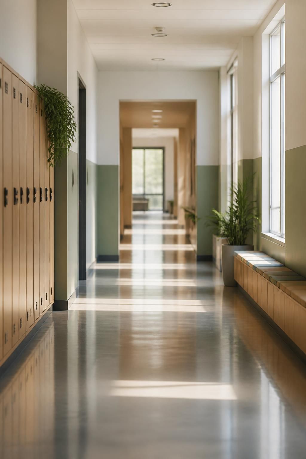 Clean school corridor with shiny floors and soft natural light.