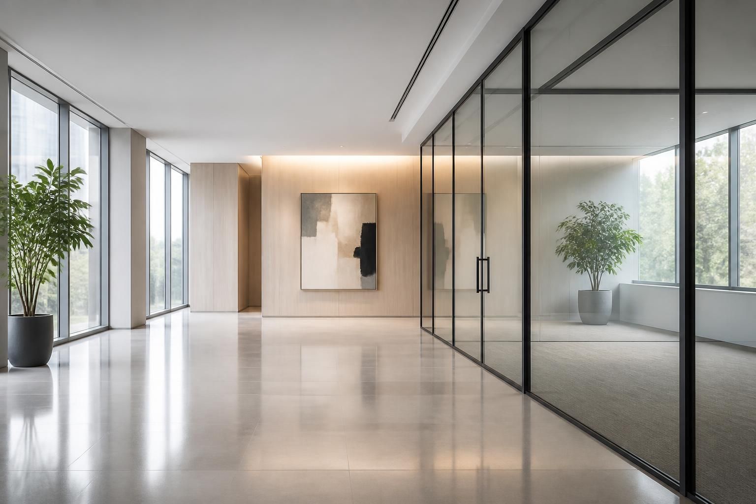 Bright clean office interior with polished floors and glass partitions.