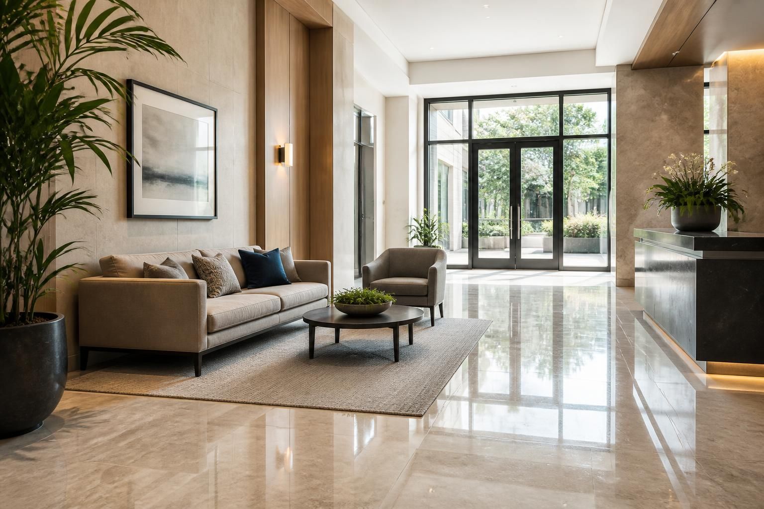 Freshly cleaned communal lobby with polished floors.