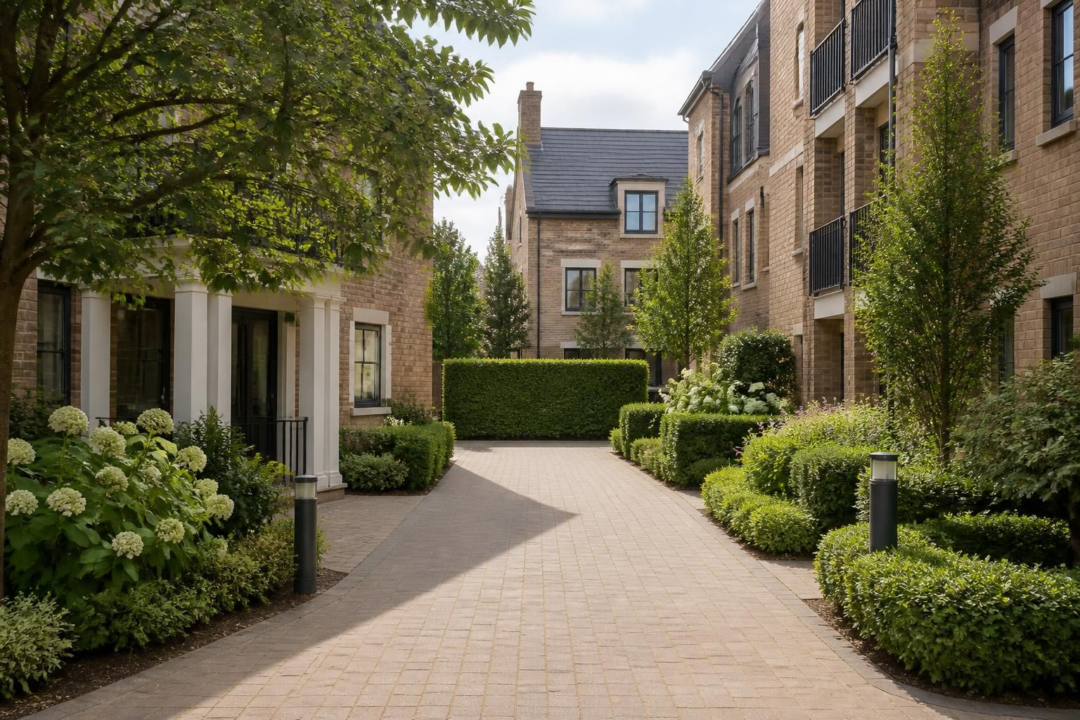 Well-maintained shared entrance with a neat courtyard.