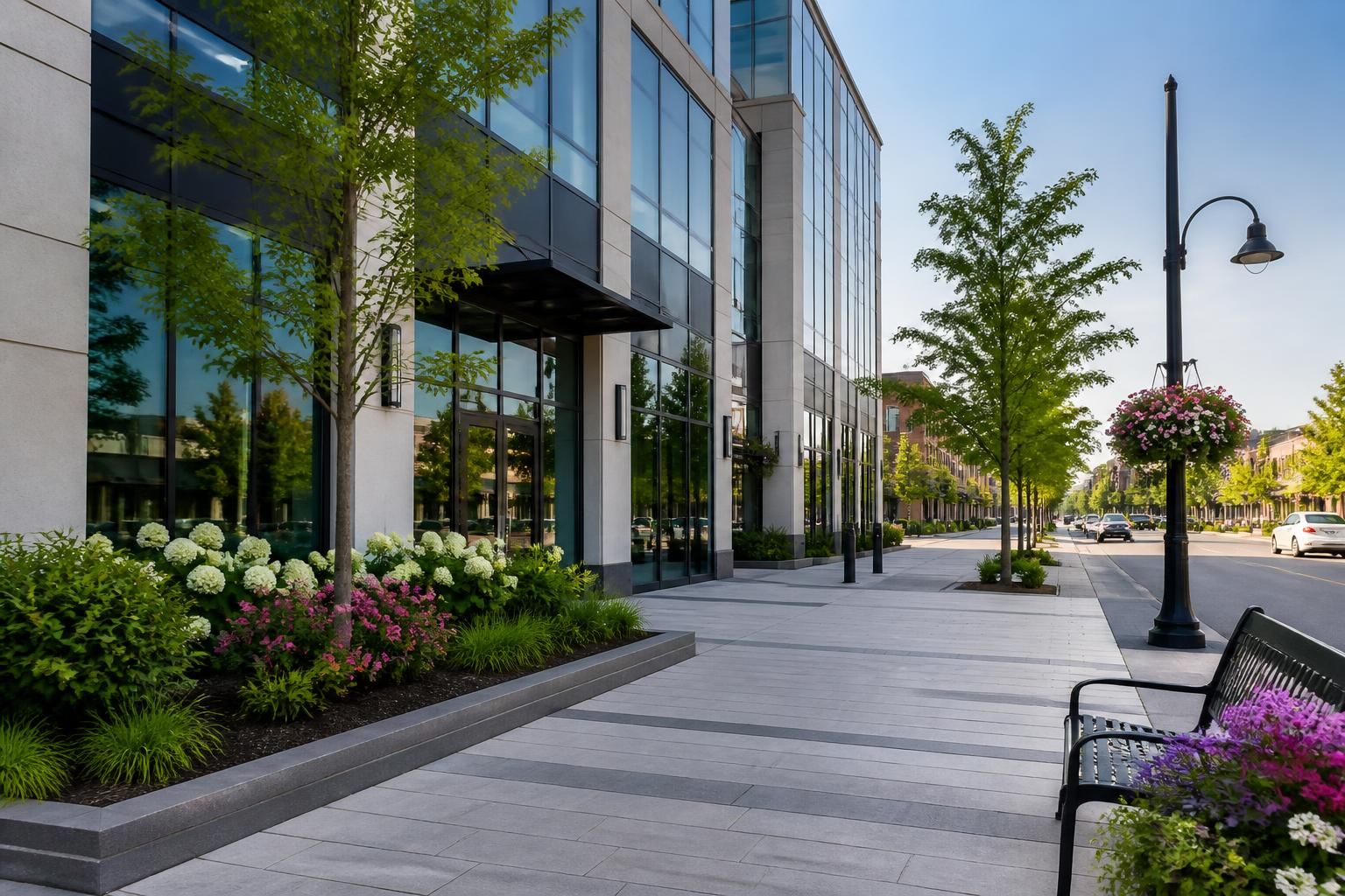 Polished office building exterior with clean pavement.