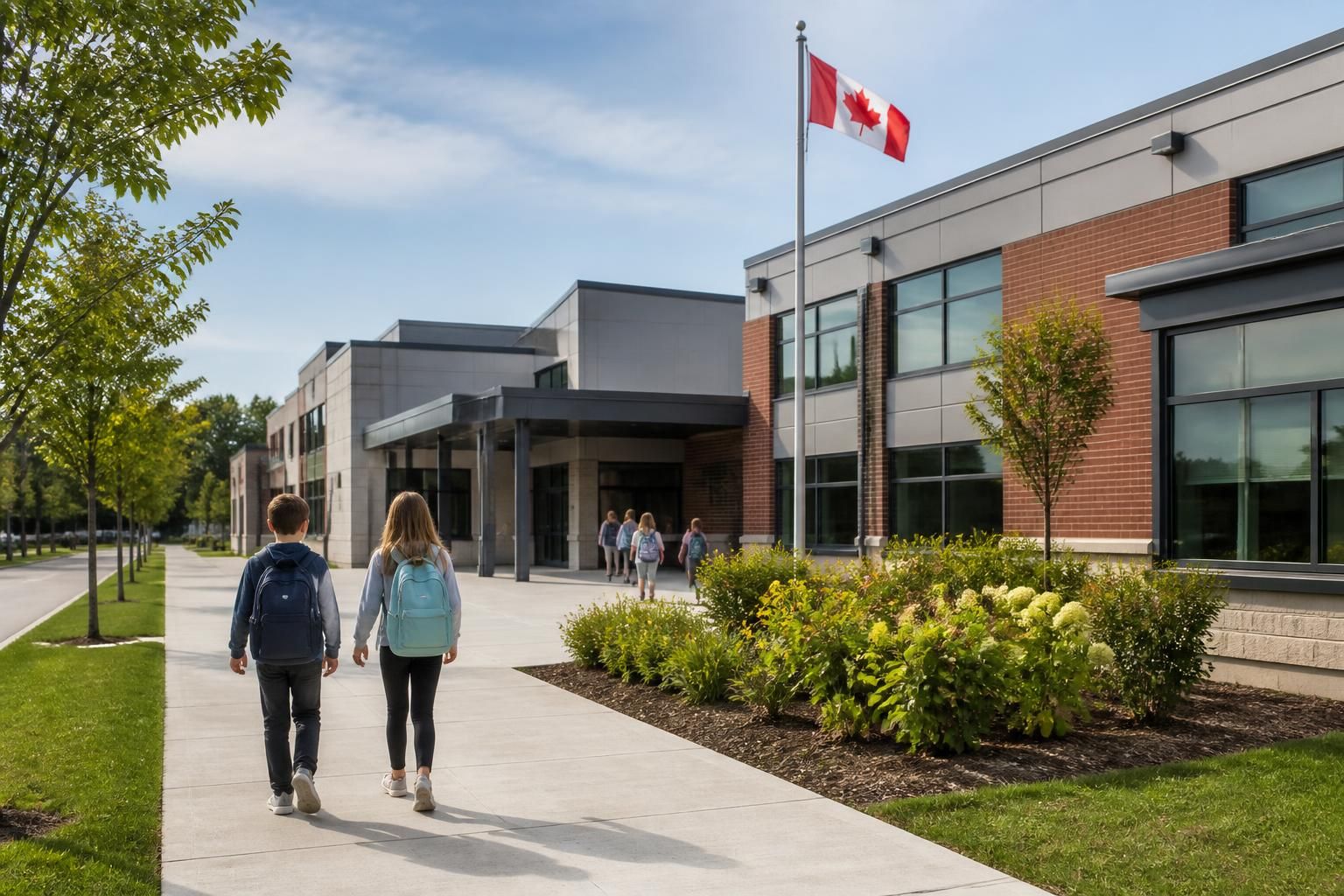Clean school exterior with tidy surrounding grounds.