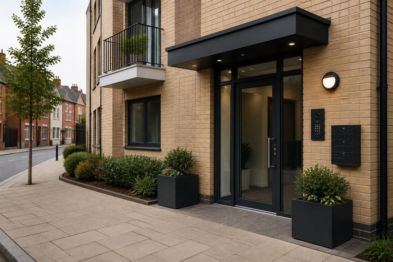 Clean apartment entrance in a quiet local streetscape.