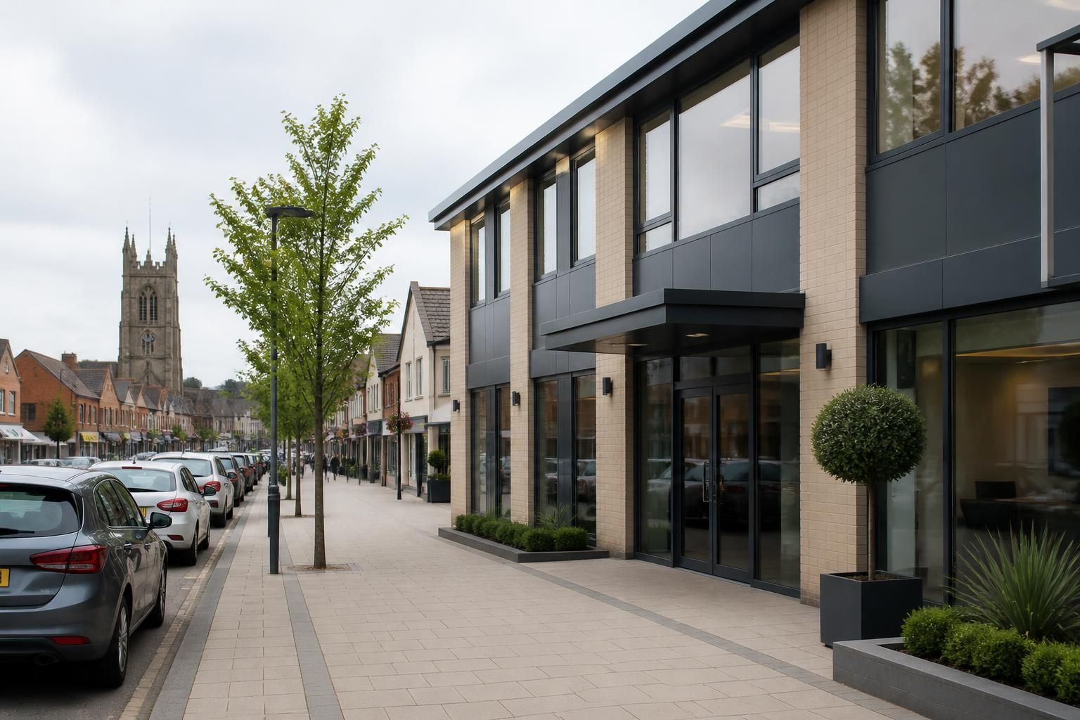 Contemporary office exterior in a calm commercial district.